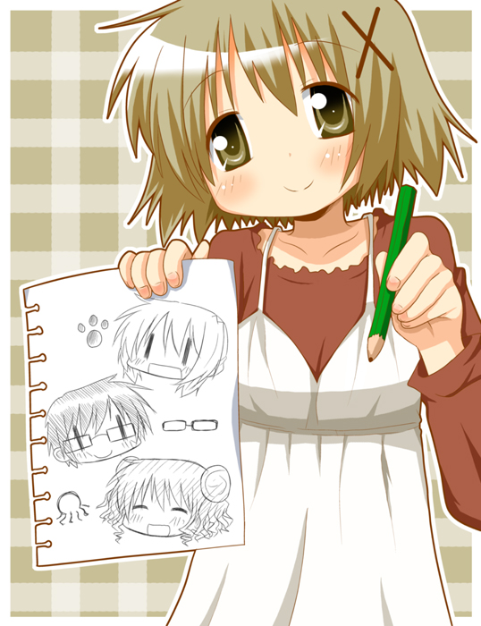 minami (colorful palette), hiro (hidamari sketch), miyako (hidamari sketch), sae (hidamari sketch), yuno (hidamari sketch), hidamari sketch, 00s, 1girl, brown eyes, brown hair, closed mouth, double bun, dress, female focus, glasses, hair bun, hair ornament, hairpin, holding, holding pencil, holding sign, long sleeves, looking at viewer, paper, paw print, pencil, plaid background, short hair, sign, sketchbook, smile, solo, wide face, | |