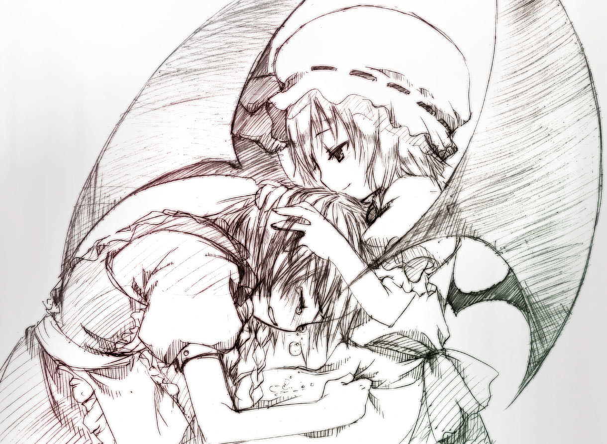 fujisaki hikari, izayoi sakuya, remilia scarlet, touhou, 2girls, apron, bat wings, braid, closed eyes, crying, female focus, gradient background, greyscale, maid, maid apron, monochrome, multiple girls, profile, side braid, sketch, smile, tears, twin braids, wings