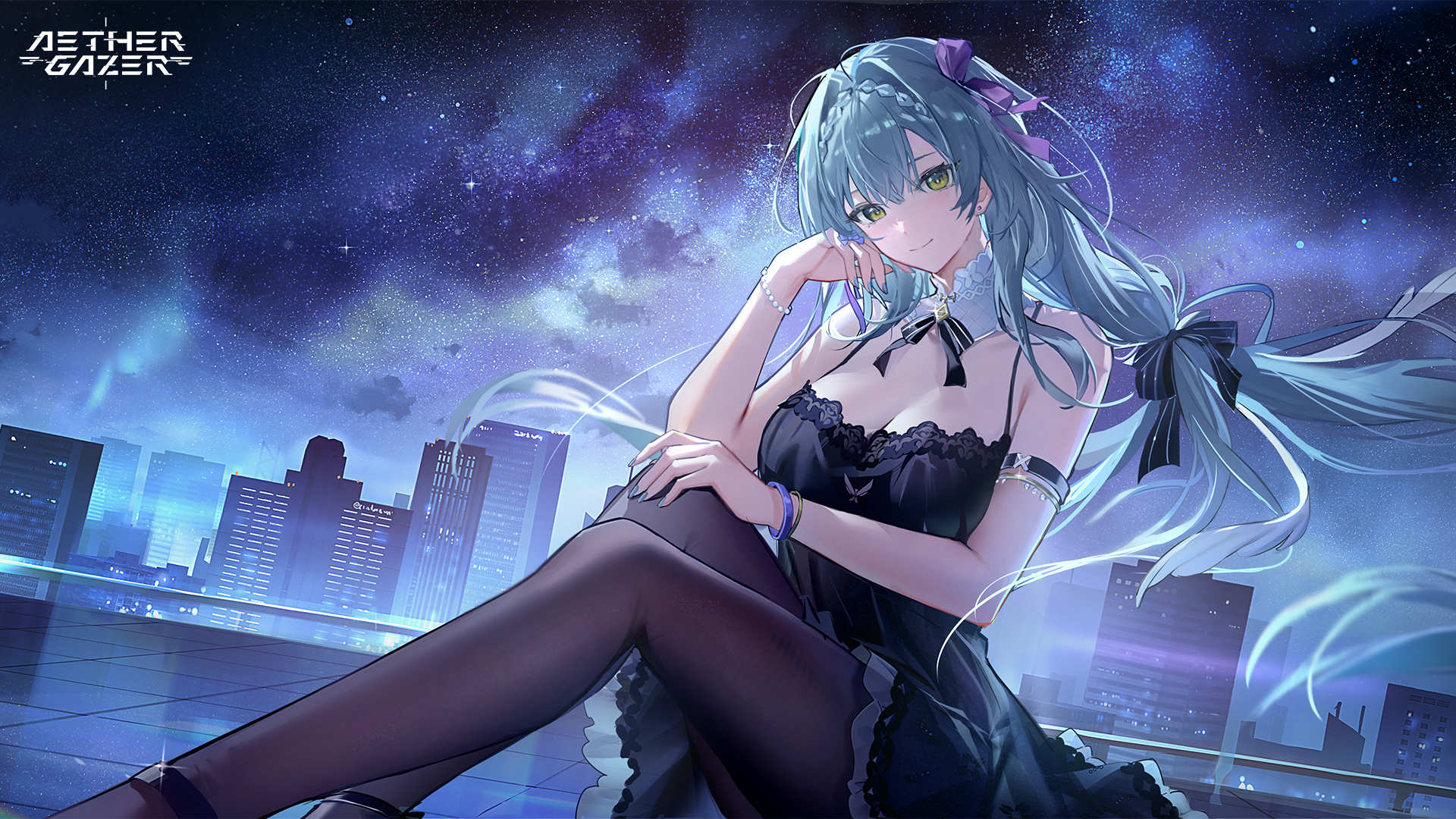aether gazer, artist request, character request, highres, official art, second-party source, 1girl, armlet, black bow, black dress, black pantyhose, blue nails, bow, bracelet, braid, breasts, cityscape, closed mouth, collar, copyright name, dress, earrings, grey hair, hair bow, hair intakes, hair ribbon, jewelry, long hair, multiple bracelets, pantyhose, purple ribbon, ribbon, sky, solo, star (sky), starry sky, striped bow, white collar