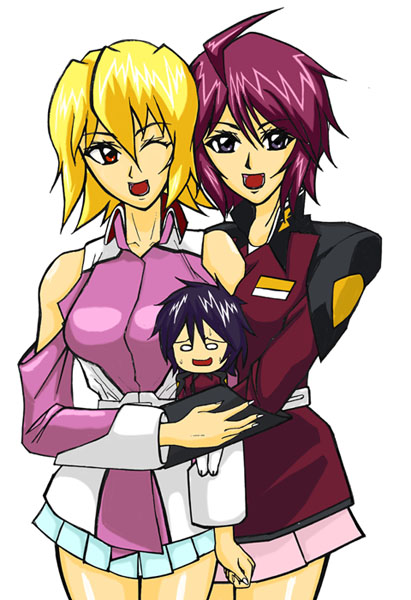 nyantamaran, lunamaria hawke, shinn asuka, stellar loussier, gundam, gundam seed, gundam seed destiny, 2girls, :d, ;d, ahoge, belt, black hair, blonde hair, blue eyes, character doll, detached sleeves, doll, hug, military, military uniform, miniskirt, multiple girls, o o, one eye closed, open mouth, parody, pink hair, pleated skirt, red eyes, short hair, simple background, skirt, smile, spiked hair, standing, sweat, wink