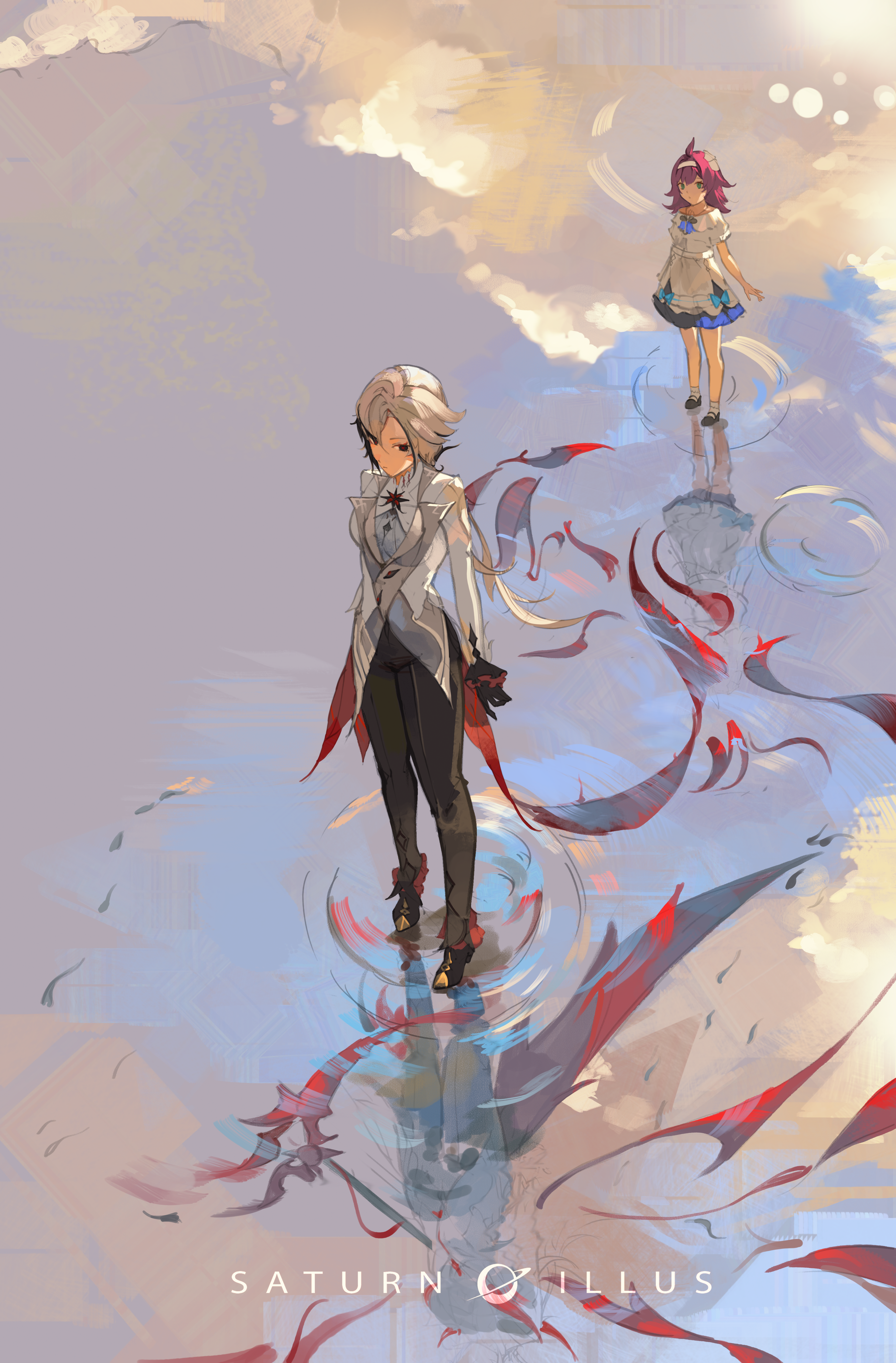 saturn (saturn illus), arlecchino (genshin impact), clervie (genshin impact), genshin impact, absurdres, highres, 2girls, ahoge, artist name, black hands, black pants, black shoes, cloud, cloudy sky, colored extremities, dress, frilled cuffs, full body, green eyes, grey hair, hair between eyes, headband, jacket, jewelry, long hair, looking to the side, multiple girls, necklace, pants, pink hair, ponytail, reflection, reflective water, ripples, shoes, sky, standing, standing on liquid, symbol-shaped pupils, tailcoat, white dress, white jacket, x-shaped pupils