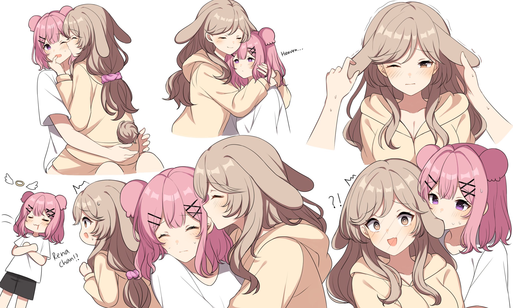 hiruver, amaori renako, sena ajisai, watashi ga koibito ni nareru wake naijan murimuri!, biting ear, commentary, hashtag-only commentary, highres, 2girls, animal ears, biting, black shorts, blush, brown eyes, brown hair, closed mouth, hair ornament, hair scrunchie, hand in another's hair, hood, hoodie, hug, long hair, medium hair, mouse ears, multiple girls, one eye closed, pink hair, purple eyes, rabbit ears, rabbit girl, rabbit tail, scrunchie, shirt, short sleeves, shorts, simple background, sitting, sitting on lap, sitting on person, tail, white background, white shirt, yellow hoodie, yuri