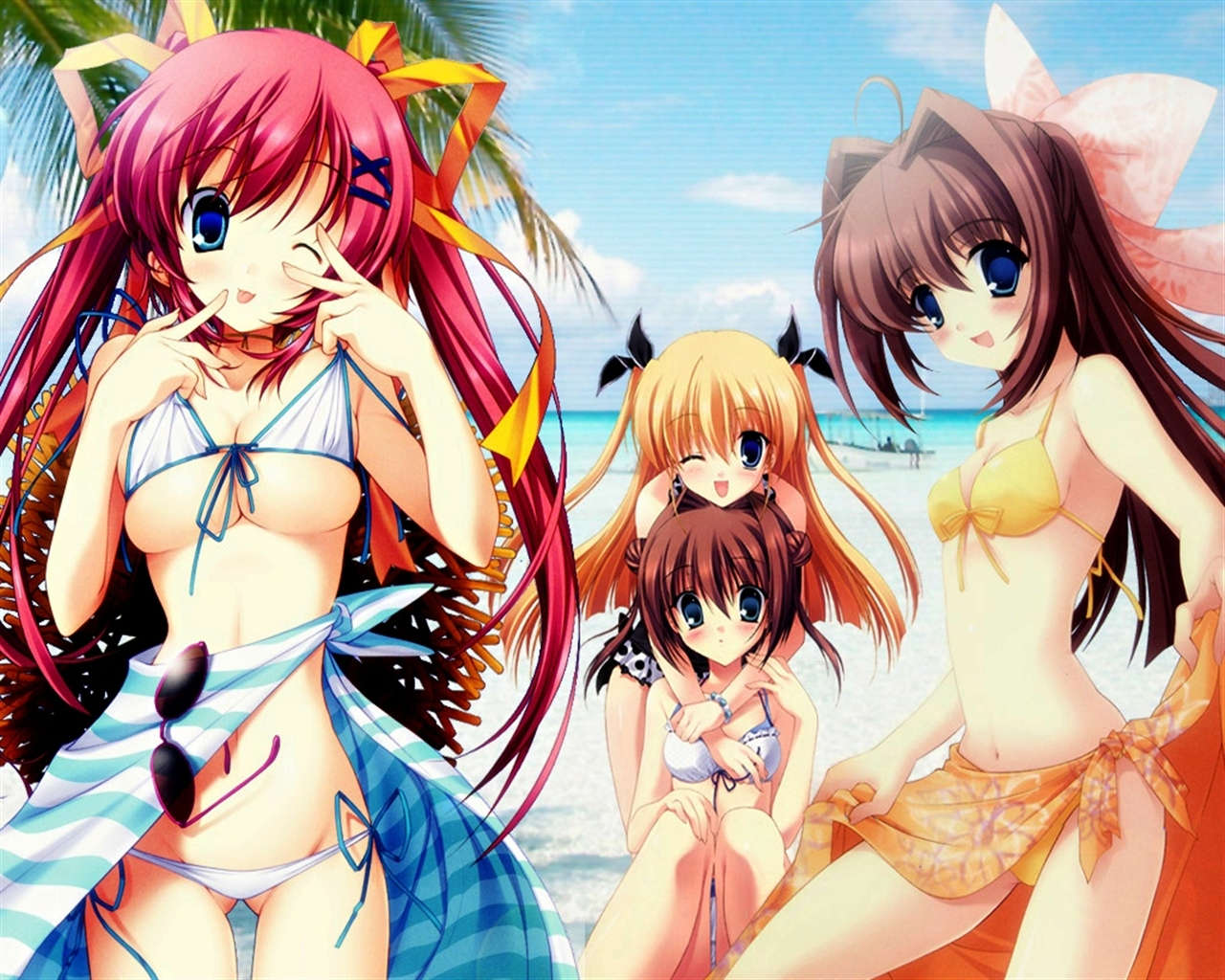 kayura yuka, tanihara natsuki, yaegashi nan, asakura otome, asakura yume, shirakawa nanaka, yoshino sakura, da capo, da capo ii, jpeg artifacts, non-web source, 00s, 4girls, ;p, beach, bikini, blonde hair, blue eyes, blush, breasts, brown hair, cleavage, day, eyewear hang, female focus, front-tie top, large breasts, long hair, medium breasts, multiple girls, one-piece swimsuit, one eye closed, red hair, sarong, short hair, smile, striped clothes, striped sarong, sunglasses, swimsuit, thigh gap, tongue, tongue out, underboob, unworn eyewear, wink