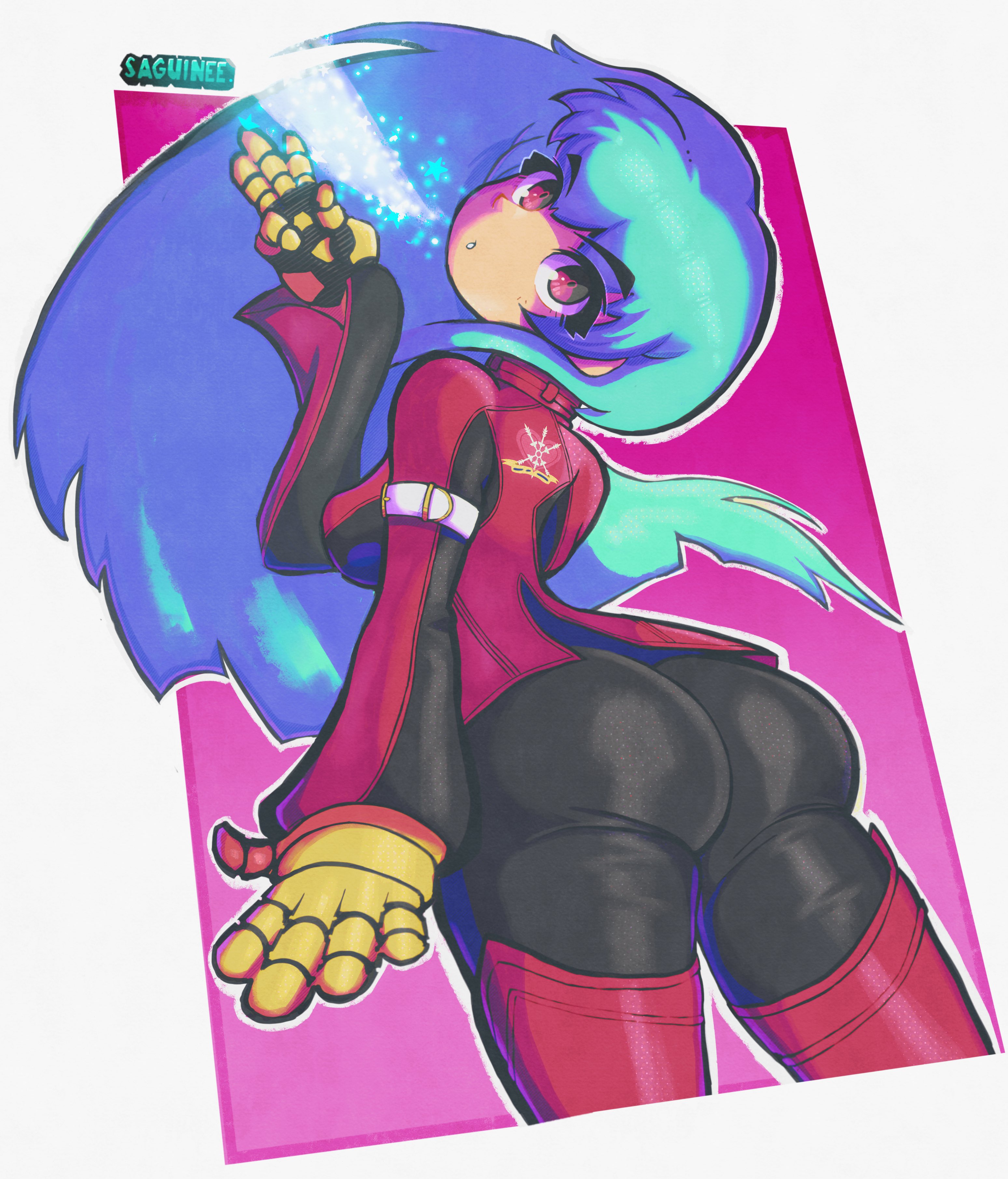 saguinee, kula diamond, the king of fighters, absurdres, highres, 1girl, aqua hair, artist name, ass, ass focus, blowing, bodysuit, breasts, from behind, gloves, long hair, looking at viewer, looking back, medium breasts, outline, red eyes, simple background, solo, very long hair, white outline