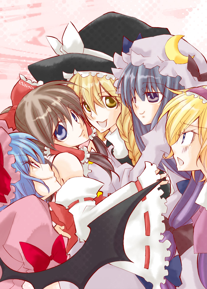 mao (alepricos), alice margatroid, hakurei reimu, kirisame marisa, patchouli knowledge, remilia scarlet, touhou, bad id, bad pixiv id, 5girls, bat wings, blonde hair, blue eyes, blue hair, brown hair, female focus, hat, japanese clothes, miko, multiple girls, red eyes, wings, witch, witch hat