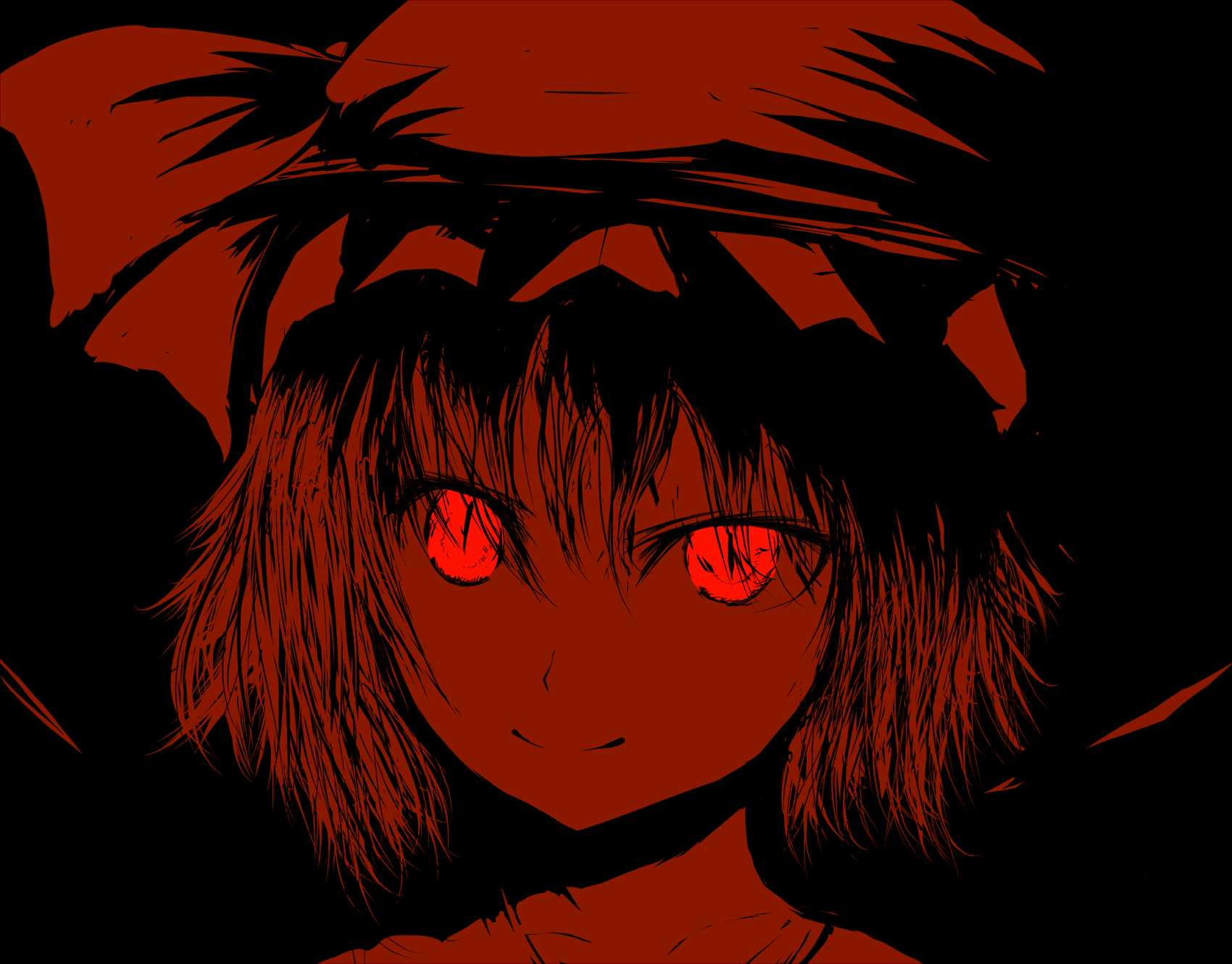 nearequal, remilia scarlet, touhou, highres, 1girl, female focus, glowing, glowing eyes, hat, mob cap, monochrome, red eyes, red theme, smile, solo