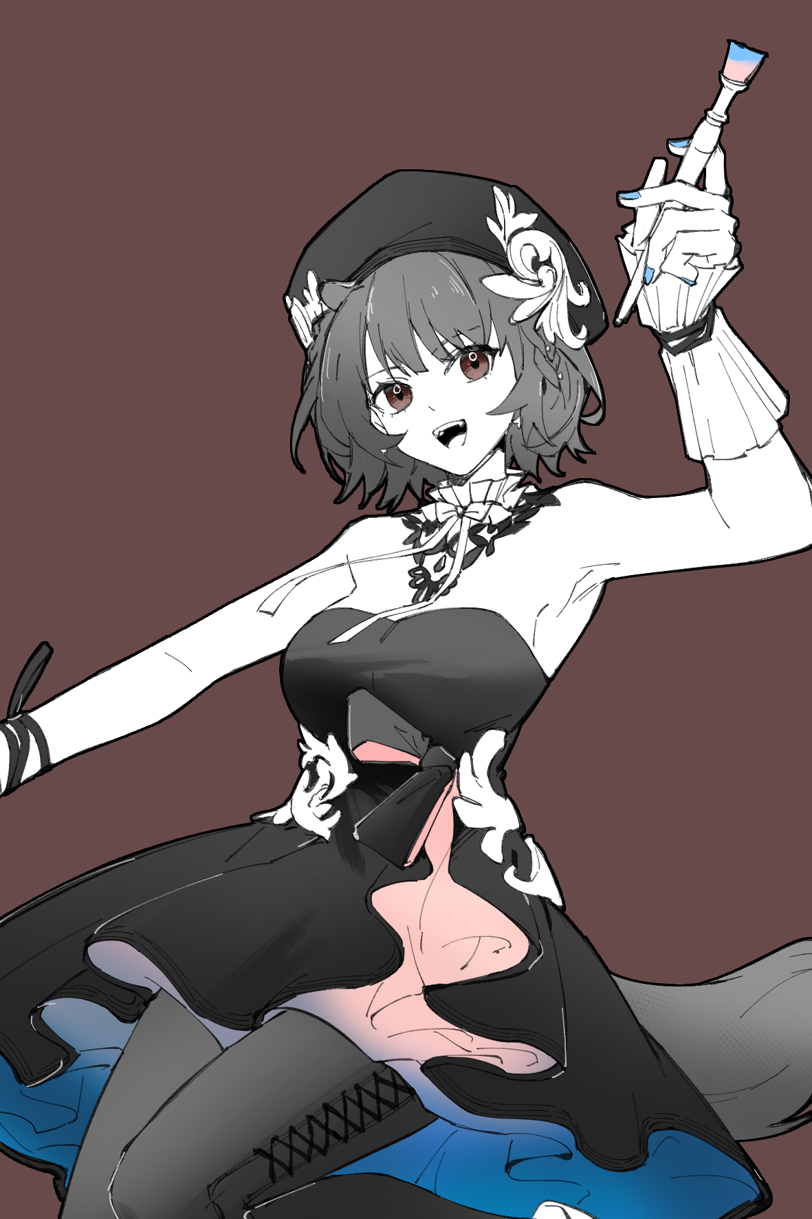 piaoliu ping ping ping pingzi, roberta (arknights), roberta (granter of colors) (arknights), ambience synesthesia, arknights, chinese commentary, commentary request, highres, 1girl, :d, arm up, armpits, bare shoulders, beret, blue nails, boots, breasts, brown background, brown eyes, cowboy shot, dress, fingernails, hat, holding, looking at viewer, medium breasts, nail polish, official alternate costume, open mouth, partially colored, short hair, simple background, smile, solo, split mouth, standing, strapless, strapless dress, tail, thigh boots