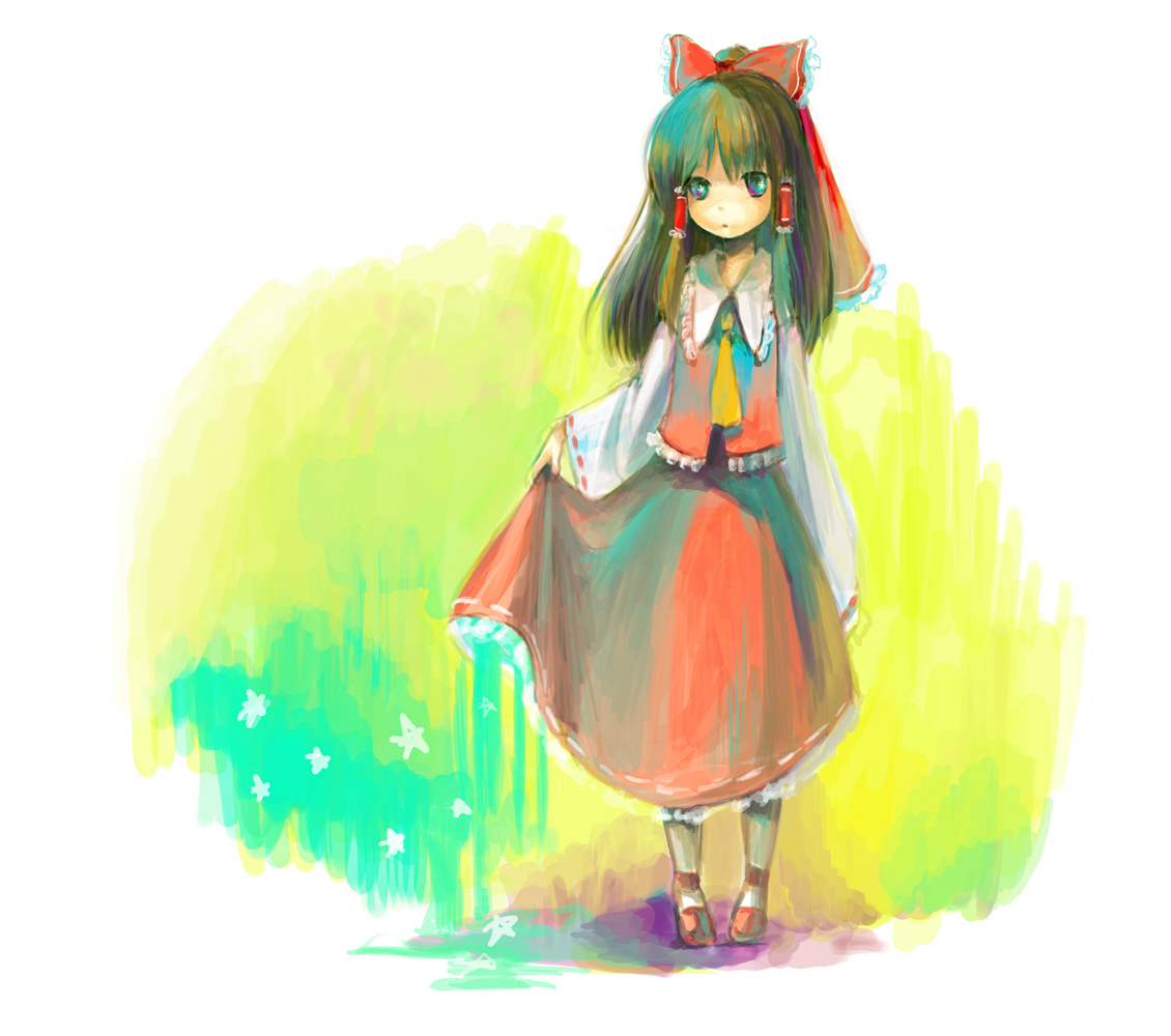 yukawa, hakurei reimu, touhou, 1girl, brown eyes, brown hair, female focus, full body, gradient background, skirt, solo, star (symbol), white background