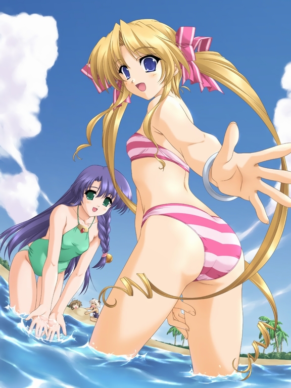 akino takehiko, arrems, fau, latte (aka), aka (game), aka (nekoneko soft), non-web source, 2girls, beach, bikini, blonde hair, blue eyes, braid, cloud, day, drill hair, green eyes, long hair, multiple girls, one-piece swimsuit, outdoors, purple hair, side braid, sky, striped bikini, striped clothes, swimsuit, twintails, very long hair