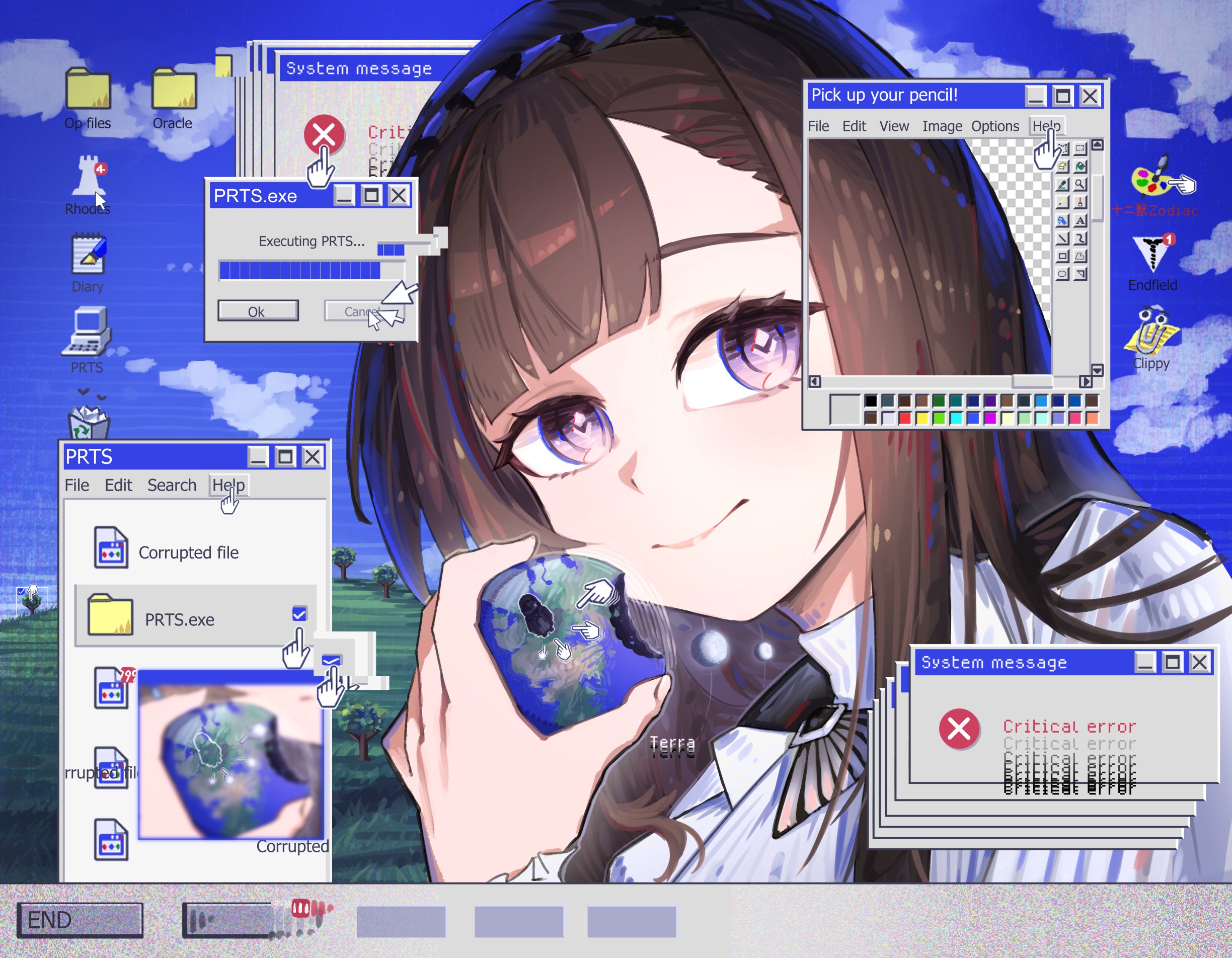 zobnuy, doctor (arknights), priestess (arknights), arknights, highres, 1girl, black hairband, brown hair, cursor, desktop (computing), diamond-shaped pupils, diamond (shape), globe, hairband, holding globe, icon (computing), light smile, long hair, looking at viewer, purple eyes, shirt, solo, symbol-shaped pupils, upper body, white shirt, window (computing)