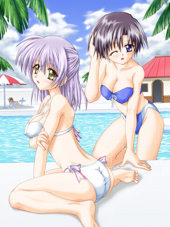 kirisawa tokito, breast hold, character request, copyright request, game cg, non-web source, 2girls, ;o, adjusting hair, ass, beach umbrella, bikini, black hair, blue bikini, blue eyes, breasts, chair, cloud, covered erect nipples, day, front-tie top, grey hair, large breasts, looking afar, lounge chair, multiple girls, one eye closed, outdoors, palm tree, parasol, pool, poolside, short hair, side-tie bikini bottom, sitting, sky, strapless, strapless bikini, swimsuit, tree, umbrella, wariza, water, wet, white bikini, wink, yellow eyes