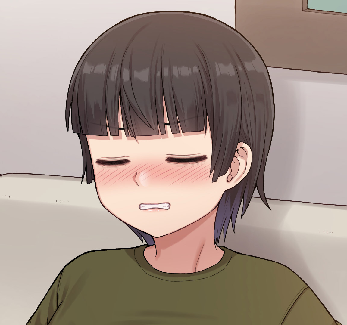 s-goon, original, commentary, english commentary, paid reward available, 1girl, brown hair, couch, green shirt, indoors, on couch, parted lips, shirt, short hair, solo, upper body