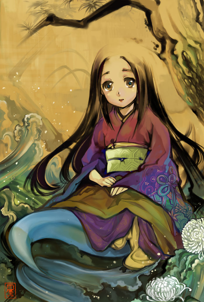 ame yamori, traditional clothes, 1girl, artist name, brown eyes, brown hair, chrysanthemum, female focus, flower, hands on lap, japanese clothes, kimono, looking at viewer, mermaid, monster girl, obi, parted lips, sash, sitting, solo, tree, water, waves, waving