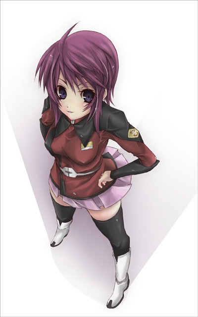 tawara hiryuu, lunamaria hawke, gundam, gundam seed, gundam seed destiny, 00s, ahoge, blue eyes, boots, hands on own hips, jacket, pink hair, purple theme, shadow, skirt, smiley face, solo, thighhighs