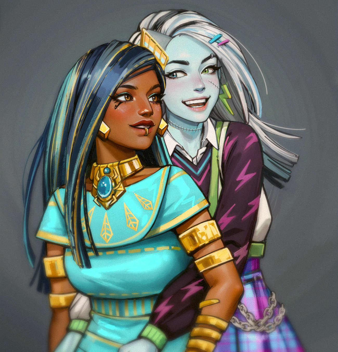 adelheid (moschiola), cleo de nile, frankie stein, monster high, monster high (g3), gold armlet, highres, 1girl, 1other, ancient egyptian, aquiline nose, black eyeliner, black hair, blue eyes, blue hair, blue skin, blush, chain, colored skin, dark-skinned female, dark skin, earrings, eyebrow piercing, eyelashes, eyeliner, eyeshadow, face piercing, green eyes, hair ornament, hairclip, heterochromia, jewelry, lightning bolt symbol, lip piercing, lip ring, lips, long hair, makeup, monster girl, multicolored hair, nose, open mouth, other with female, parted lips, piercing, pink lips, realistic, scar, scar on face, smile, stitched face, stitched neck, stitches, streaked hair, teeth, white hair