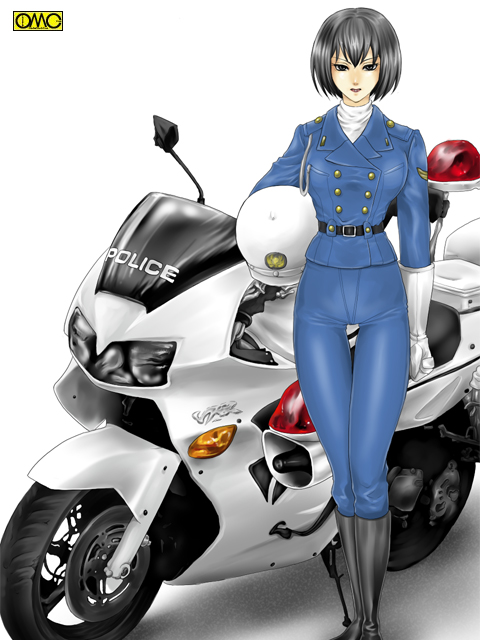 vehicle, black eyes, black hair, boots, gloves, helmet, japan national police, motor vehicle, motorcycle, police, police motorcycle, police uniform, policewoman, short hair, solo, traffic officer
