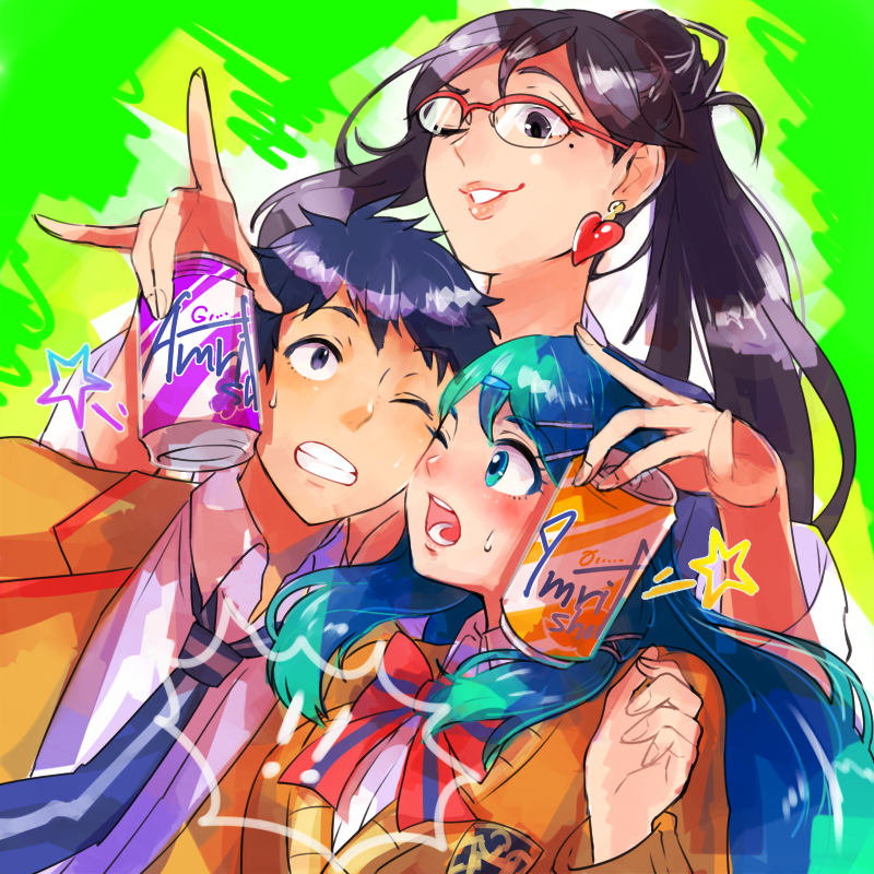 hachimaru (ediciusa), aoi itsuki, oribe tsubasa, shimazaki maiko, fire emblem, nintendo, tokyo mirage sessions fe, !, !!, 1boy, 2girls, black eyes, black hair, blue eyes, blue hair, can, earrings, glasses, heart, heart earrings, holding, holding can, jewelry, long hair, long sleeves, looking at another, mole, mole under eye, multiple girls, one eye closed, open mouth, short hair, sweatdrop, teeth, upper body