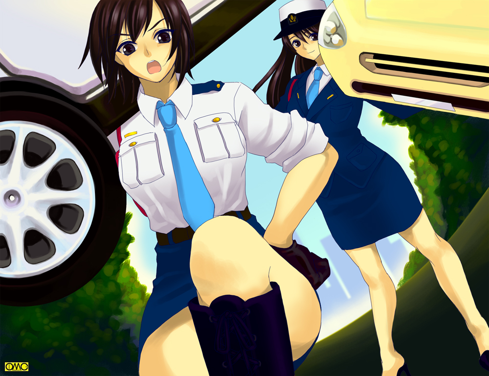 2girls, black eyes, black hair, boots, brown hair, car, gloves, hat, japan national police, lifting vehicle, long hair, miniskirt, motor vehicle, multiple girls, pencil skirt, police, police uniform, policewoman, short hair, skirt, sleeves rolled up, type51