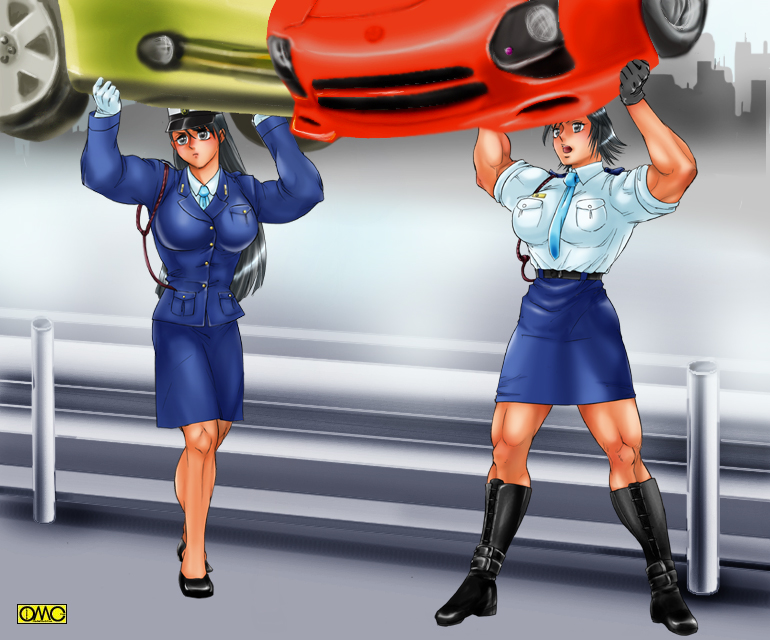 mazda, 2girls, black eyes, black hair, boots, car, gloves, hat, japan national police, lifting vehicle, long hair, mazda rx-7, motor vehicle, multiple girls, pencil skirt, police, police uniform, policewoman, short hair, skirt, type51