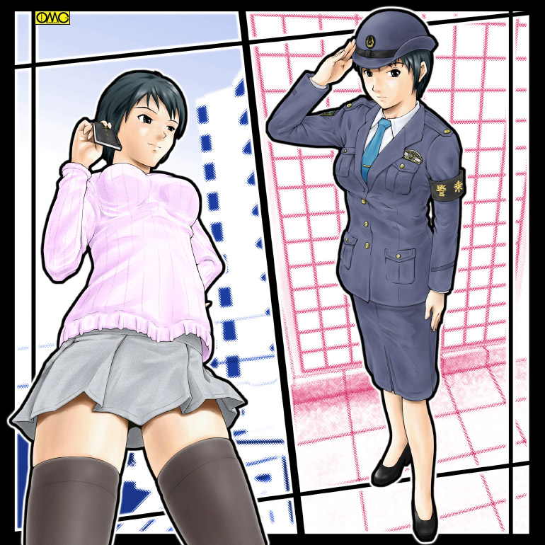 type6, 1girl, black eyes, black hair, gloves, hat, japan national police, necktie, pencil skirt, police, police uniform, policewoman, railway police, short hair, skirt