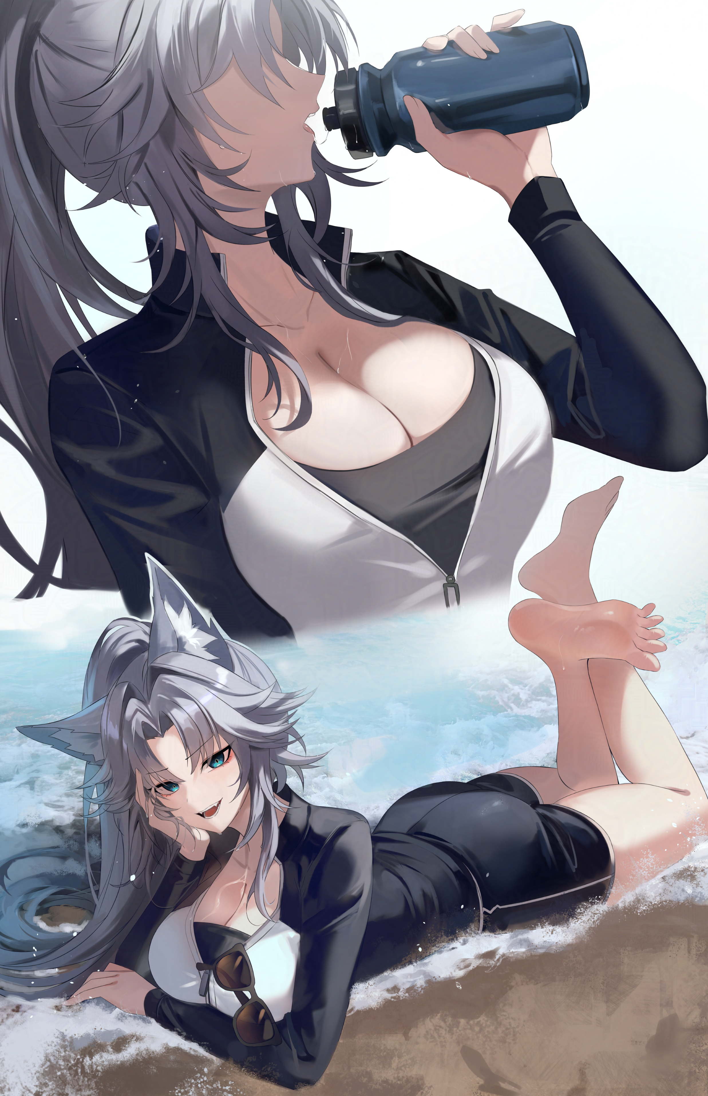 thuban ap, feixiao (honkai: star rail), honkai: star rail, honkai (series), absurdres, commentary, highres, 1girl, alternate costume, animal ears, aqua eyes, barefoot, black jacket, black shorts, bottle, breasts, cleavage, collarbone, eyewear hang, feet, fox ears, fox girl, grey hair, holding, holding bottle, jacket, large breasts, long hair, looking at viewer, lying, multiple views, on stomach, open mouth, parted bangs, ponytail, saliva, saliva trail, shore, shorts, smile, soles, sunglasses, the pose, toes, unworn eyewear, water bottle, wet