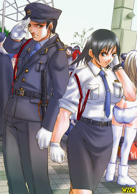 1boy, 1girl, black eyes, black hair, gloves, hat, necktie, pencil skirt, police, police uniform, policewoman, short hair, skirt