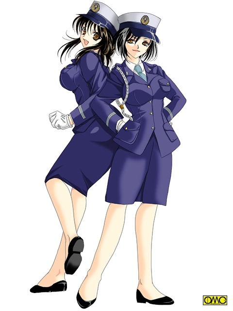 2girls, black eyes, black hair, gloves, hat, japan national police, long hair, multiple girls, pencil skirt, police, police uniform, policewoman, short hair, skirt, type51, white gloves