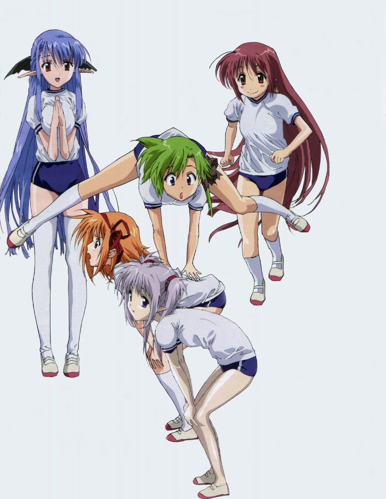 fuyou kaede, lisianthus, nerine, primula, shigure asa, shuffle!, official art, 00s, 5girls, buruma, half updo, jumping, leap frog, multiple girls, pointy ears, running, thighhighs