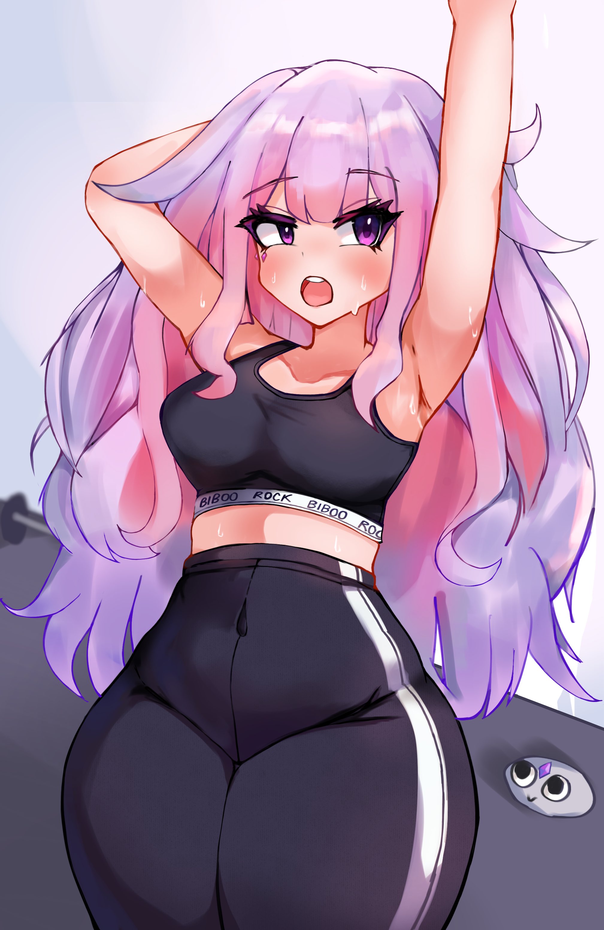 tornadem, koseki bijou, hololive, hololive english, absurdres, highres, 1girl, armpits, black sports bra, colored inner hair, gem, grey hair, high-waist pants, jewel under eye, long hair, multicolored hair, open mouth, pants, pink hair, purple eyes, purple hair, sports bra, tight clothes, tight pants, virtual youtuber, yoga pants