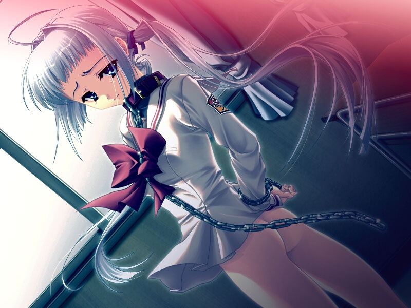 katagiri hinata, yuuhi no mukougawa, silver hair, game cg, 1girl, bdsm, blue eyes, bondage, bottomless, bound, chain, chain leash, classroom, collar, cuffs, female focus, handcuffs, indoors, leash, long hair, school, school uniform, serafuku, slave, solo, tears, twintails