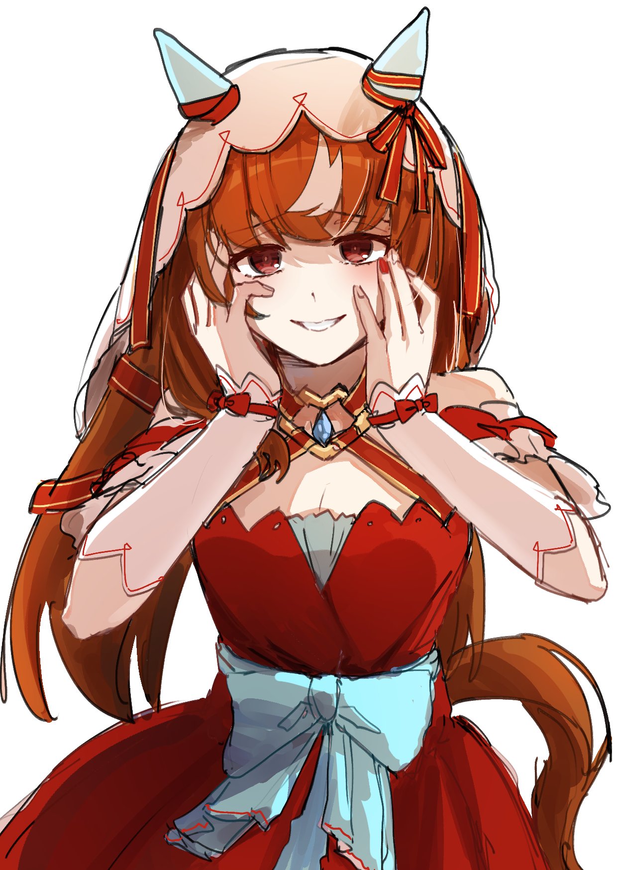 nemu (46 2367teimei), still in love (umamusume), umamusume, highres, 1girl, animal ears, brown hair, ear covers, horse ears, horse girl, multicolored hair, red eyes, simple background, smile, solo, streaked hair, veil, white background, white sleeves, white veil