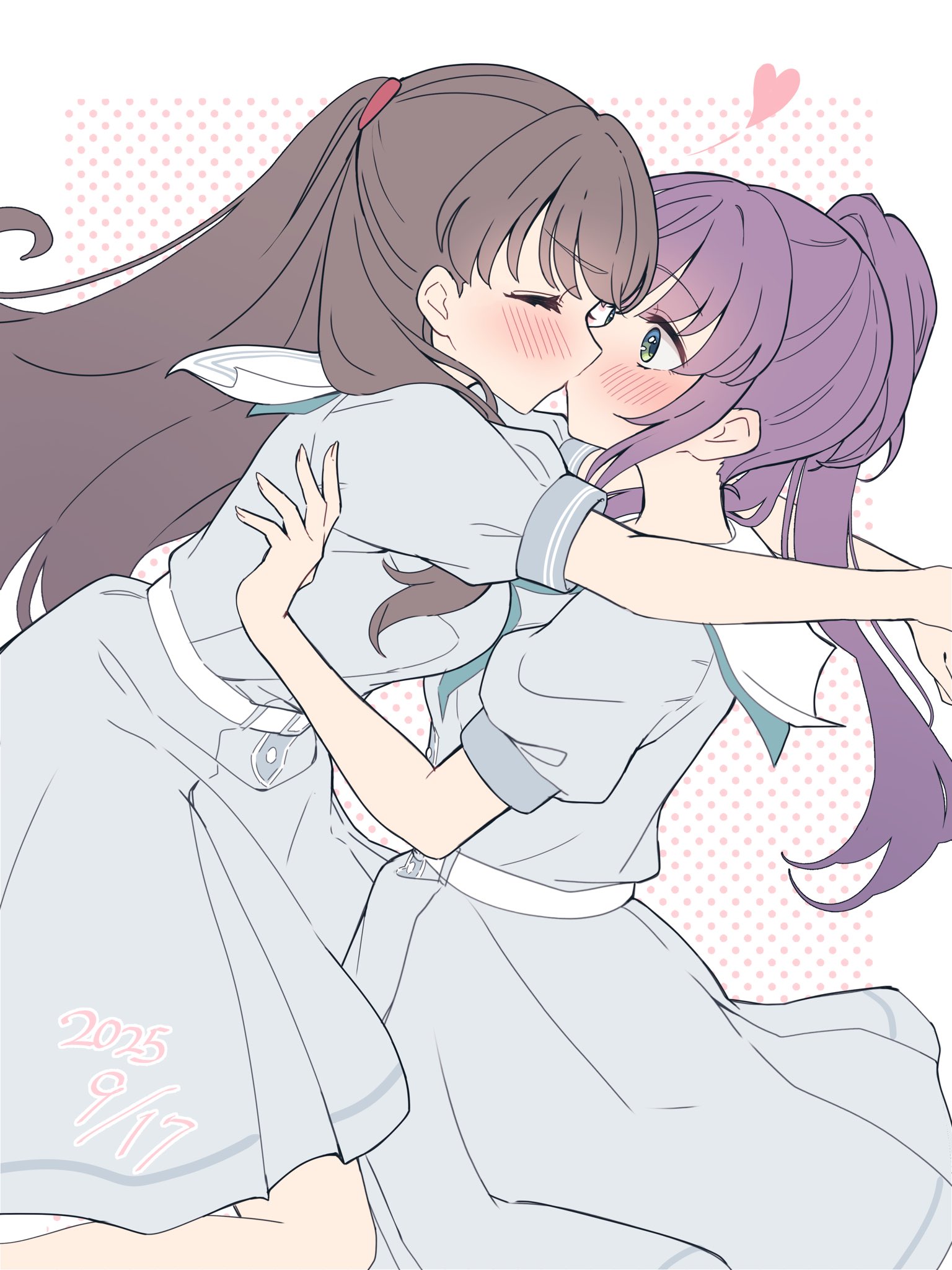 hiyori (20hiyori727), fujishima megumi, otomune kozue, link! like! love live!, love live!, commentary request, highres, 2girls, blue dress, blush, brown hair, closed eyes, dress, green eyes, hasu no sora school uniform, heart, kiss, long hair, multiple girls, ponytail, purple hair, sailor collar, sailor dress, school uniform, short sleeves, white sailor collar, yuri