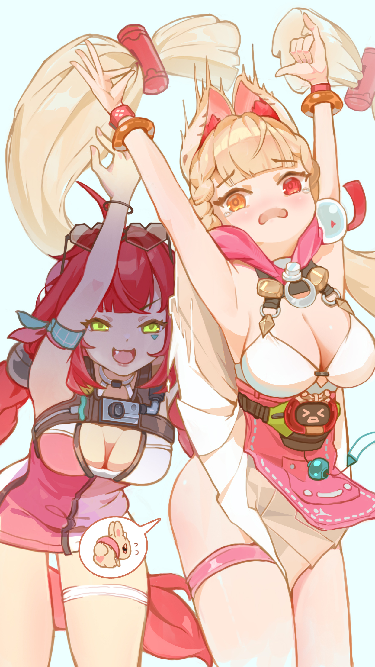 alice thymefield, alice thymefield (sea of thyme), ukinami yuzuha, ukinami yuzuha (tanuki in broad daylight), zenless zone zero, braided twintails, highres, 2girls, animal ears, bikini top under shirt, braid, breasts, chunidoor, dress swimsuit, eyewear on head, facial mark, gradient-tinted eyewear, green eyes, hair ornament, hearing aid, heart, heart-shaped eyewear, heart facial mark, long hair, looking at viewer, low twin braids, multiple girls, official alternate costume, one-piece swimsuit, pink one-piece swimsuit, rabbit ears, rabbit girl, red hair, smile, sphere hair ornament, swimsuit, tinted eyewear, twin braids, twintails, two-tone one-piece swimsuit, white one-piece swimsuit