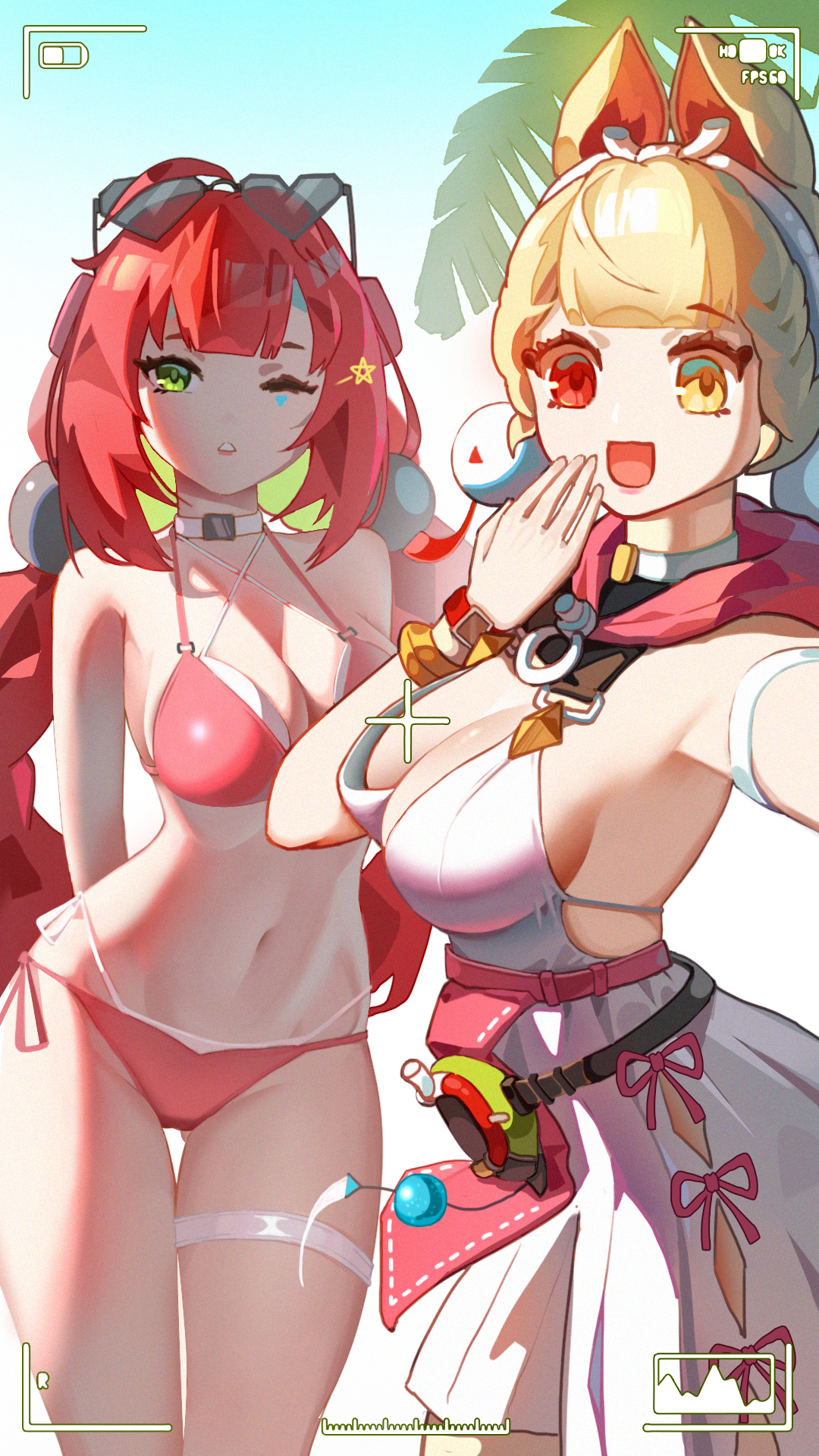 alice thymefield, alice thymefield (sea of thyme), ukinami yuzuha, zenless zone zero, braided twintails, highres, 2girls, animal ears, bikini top under shirt, braid, breasts, chunidoor, dress swimsuit, eyewear on head, facial mark, gradient-tinted eyewear, green eyes, hair ornament, hearing aid, heart, heart-shaped eyewear, heart facial mark, long hair, looking at viewer, low twin braids, multiple girls, official alternate costume, one-piece swimsuit, pink one-piece swimsuit, rabbit ears, rabbit girl, red hair, smile, sphere hair ornament, swimsuit, tinted eyewear, twin braids, twintails, two-tone one-piece swimsuit, white one-piece swimsuit