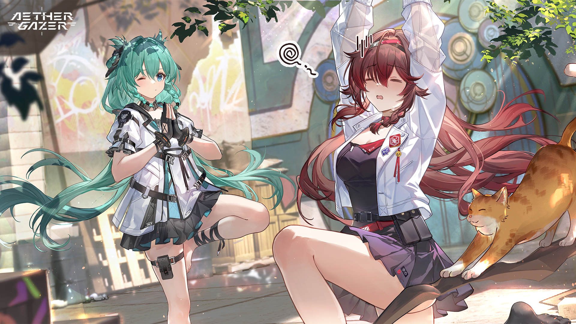 aether gazer, artist request, character request, highres, official art, second-party source, 1girl, arms up, belt, belt pouch, black gloves, black skirt, blue eyes, braid, breasts, brown hair, cat, closed eyes, closed mouth, copyright name, gloves, green hair, hair ornament, hairband, jacket, leaf, long hair, one eye closed, open clothes, open jacket, open mouth, partially fingerless gloves, pink hairband, pleated skirt, pouch, red belt, skirt, standing, standing on one leg, sweat, white jacket