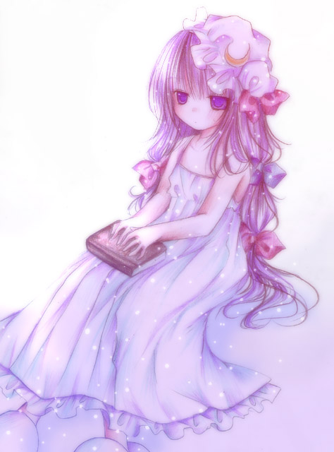 kasuga sunao, patchouli knowledge, touhou, bad id, bad pixiv id, 1girl, book, female focus, gradient background, hat, long hair, purple hair, ribbon, sitting, solo, white background