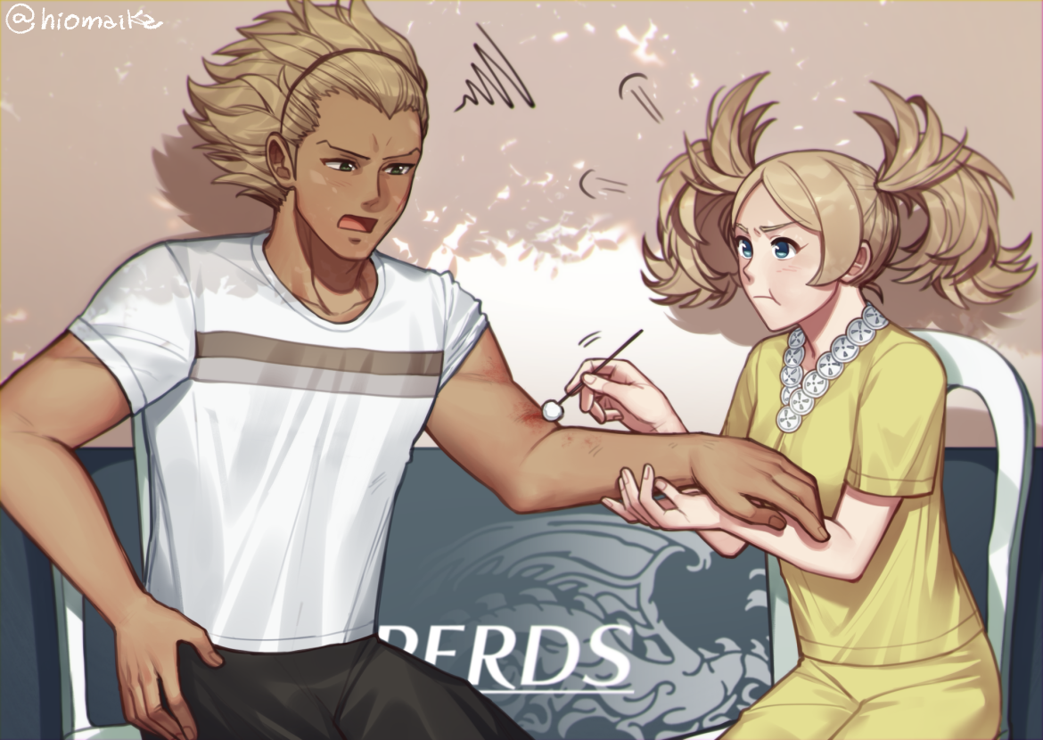 shg (hiomaika), lissa (fire emblem), vaike (fire emblem), fire emblem, fire emblem awakening, nintendo, commission, 1boy, 1girl, alternate costume, blonde hair, blue eyes, breasts, brown eyes, contemporary, cotton swab, couple, dark-skinned male, dark skin, hetero, pout, puff of air, shirt, small breasts, solo, spiked hair, squiggle, twintails, yellow shirt