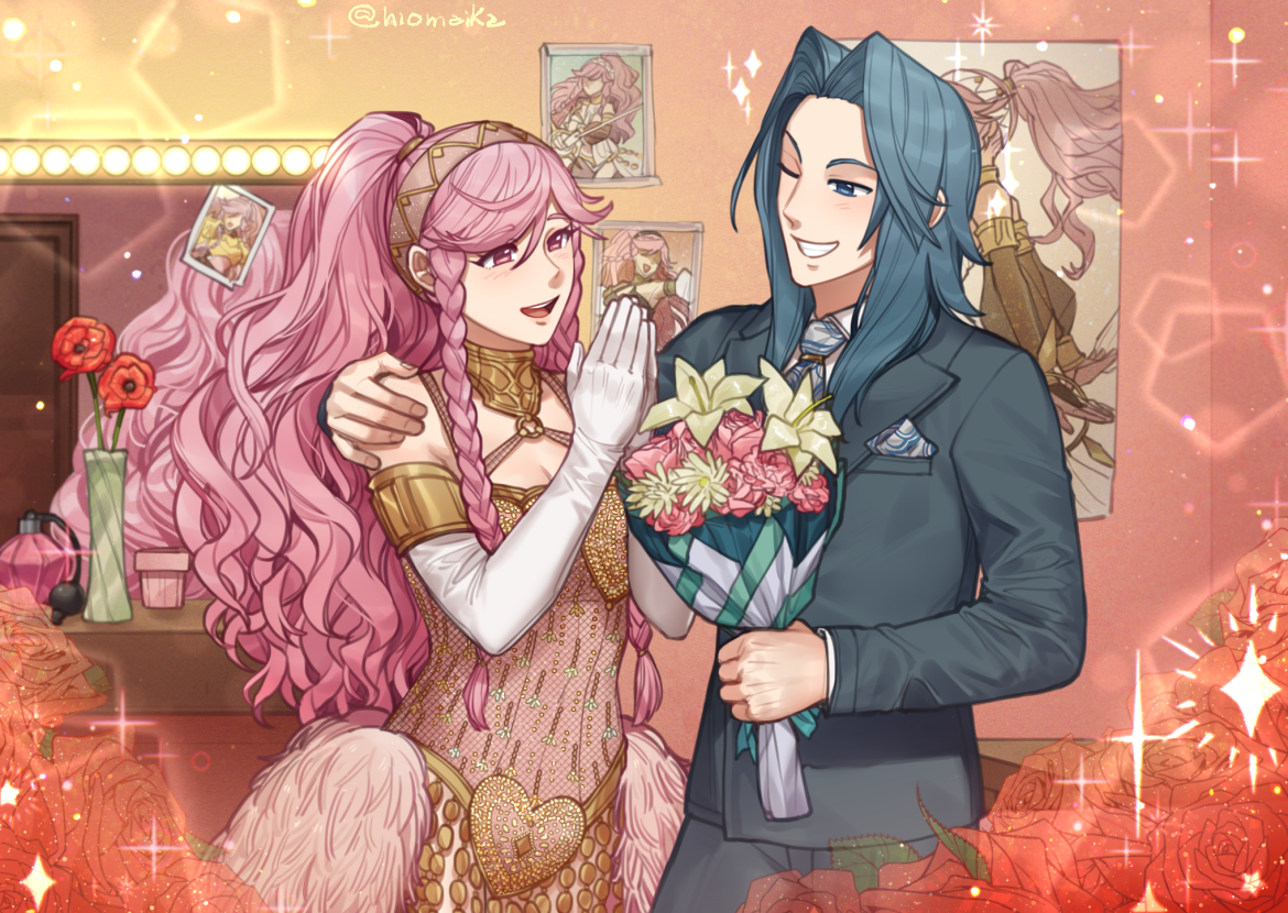 shg (hiomaika), olivia (festival dancer) (fire emblem), olivia (fire emblem), olivia (sky-high dancer) (fire emblem), virion (fire emblem), fire emblem, fire emblem awakening, fire emblem heroes, nintendo, commission, 1boy, 1girl, alternate costume, arm around shoulder, blue hair, bouquet, breasts, cleavage, contemporary, couple, dancer, elbow gloves, flower, gloves, grin, hand on another's shoulder, hetero, holding, holding bouquet, long hair, medium breasts, mirror, official alternate costume, own hands together, palms together, photo (object), pink hair, ponytail, smile, sparkle, upper body, very long hair
