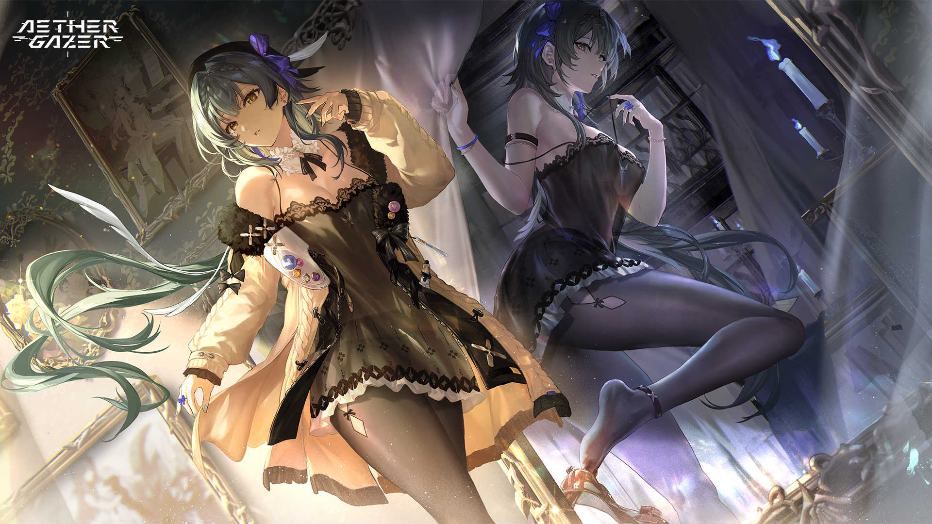 aether gazer, artist request, character request, highres, non-web source, official art, second-party source, 1girl, aqua nails, armlet, black bow, black chemise, blue fire, bow, bracelet, braid, breasts, candle, cardigan, collar, copyright name, fire, hair ribbon, heart, jewelry, long hair, open cardigan, open clothes, painting (object), pantyhose, purple ribbon, ribbon, sleeves past wrists, white collar, yellow cardigan, yellow eyes