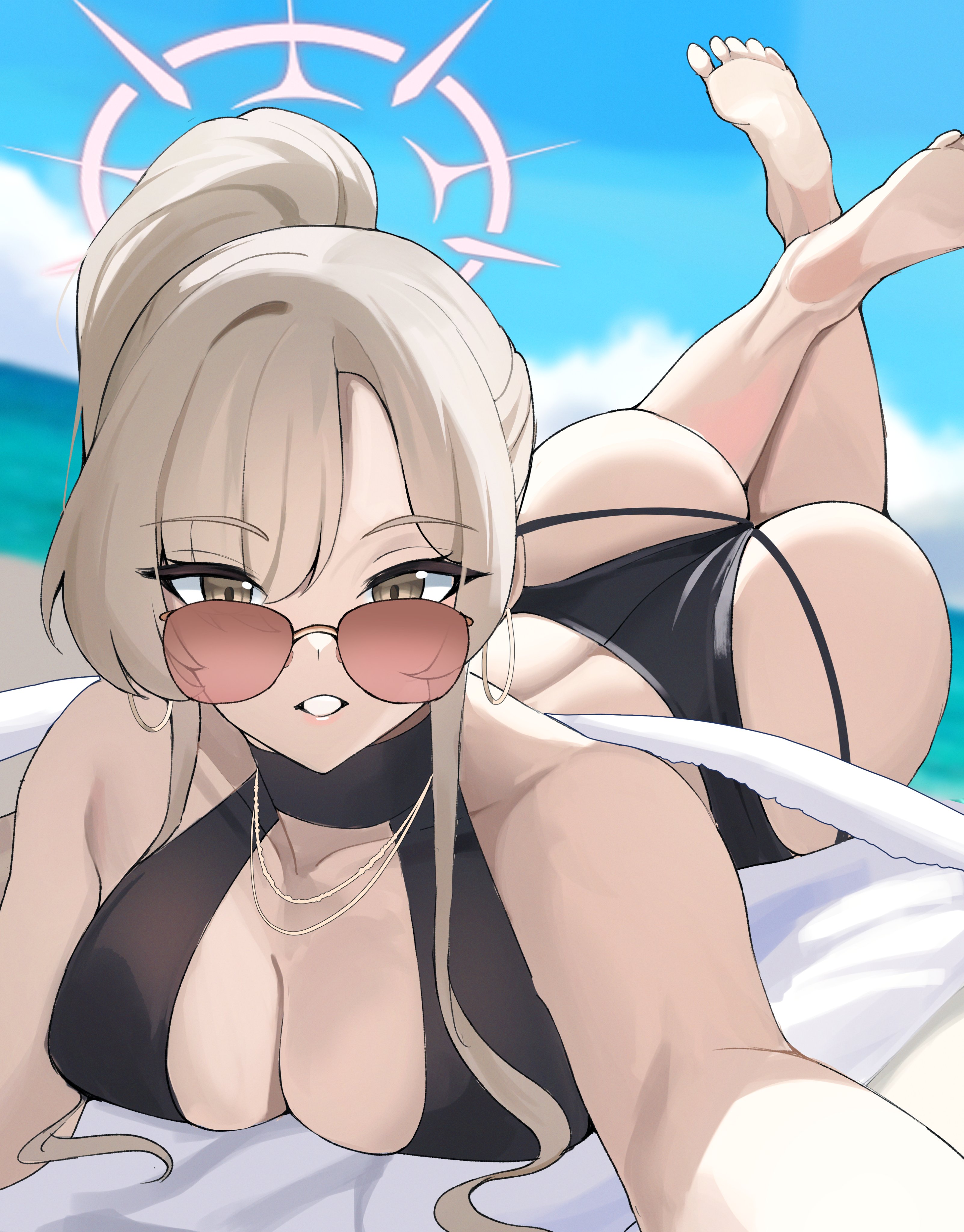 kurochomo, nagisa (blue archive), nagisa (swimsuit) (blue archive), blue archive, absurdres, highres, 1girl, angel wings, ass, aviator sunglasses, black one-piece swimsuit, breasts, brown-tinted eyewear, halo, large breasts, long hair, low wings, official alternate costume, official alternate hairstyle, one-piece swimsuit, pink halo, solo, sunglasses, swimsuit, tinted eyewear, white wings, wings