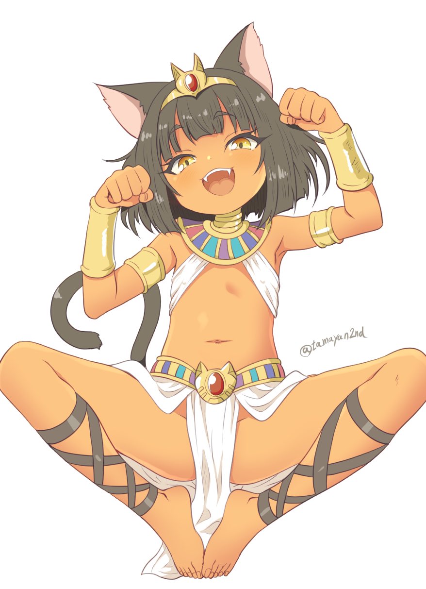 tamayan, original, highres, variant set, 1girl, ancient egyptian, ancient egyptian clothes, animal ears, artist name, barefoot, black hair, black tail, cat ears, cat girl, cat tail, dark-skinned female, dark skin, fangs, feet, flat chest, full body, if you want to become a godly artist (trend), looking at viewer, lying, medium hair, midriff, navel, on back, open mouth, pelvic curtain, solo, stomach, tail, teeth, thighs, toes, twitter username, upper teeth only, white pelvic curtain, yellow eyes