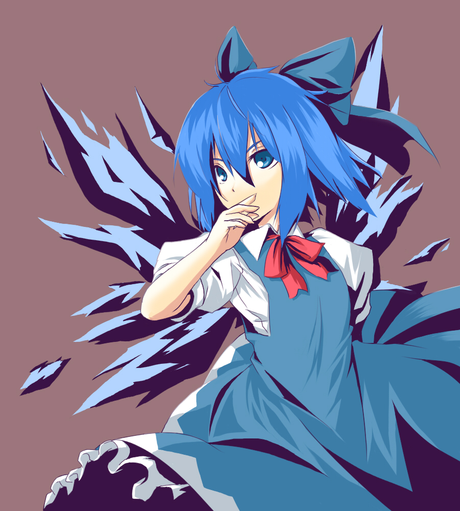 kinsenka, cirno, embodiment of scarlet devil, touhou, bad id, bad pixiv id, 1girl, blue eyes, blue hair, bow, bowtie, covering own mouth, dress, female focus, hand over own mouth, matching hair/eyes, pinafore dress, ribbon, short hair, simple background, sleeveless, sleeveless dress, solo, tsurime, wings