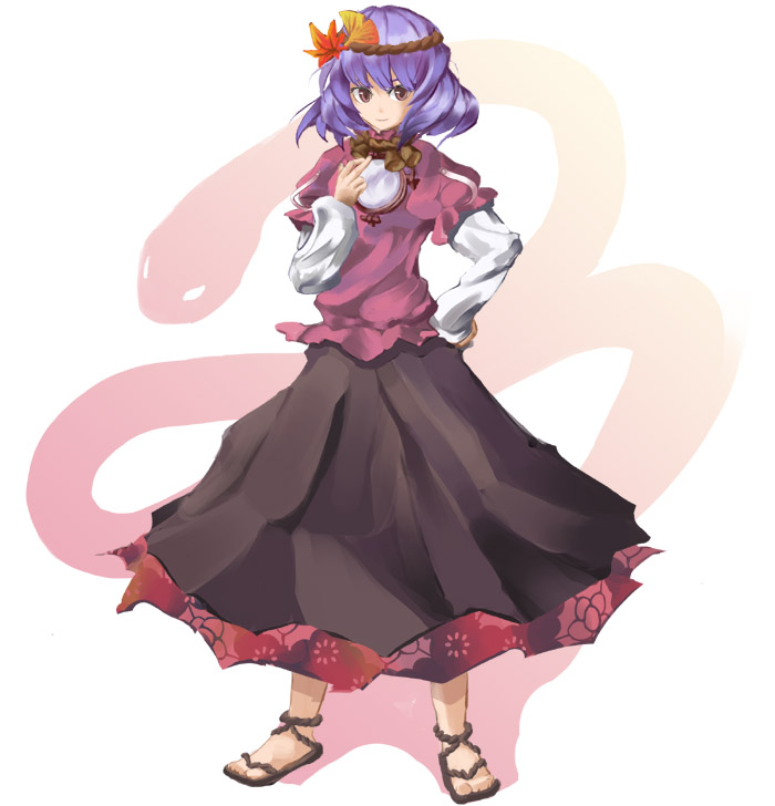 tulaca (pixiv), yasaka kanako, touhou, bad id, bad pixiv id, 1girl, female focus, hair ornament, leaf, leaf hair ornament, purple hair, rope, short hair, snake, solo