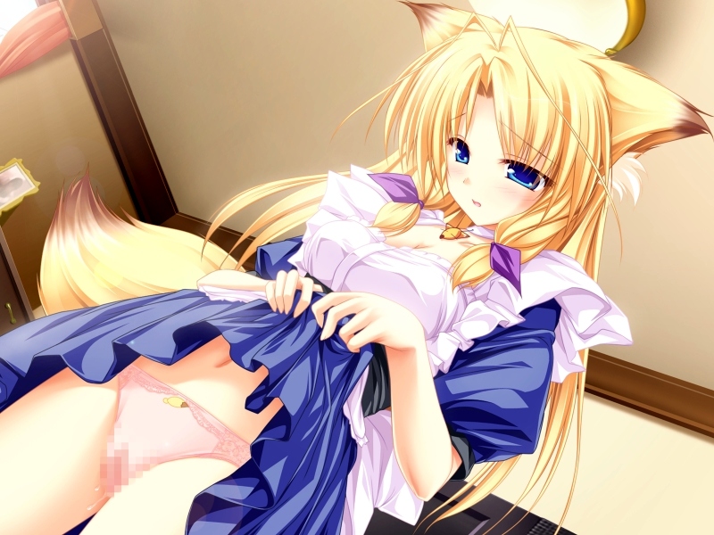 tenmaso, kamishiro mutsuki, inakoi, 1girl, animal ears, blonde hair, blue eyes, blush, breasts, censored, cleavage, clothes lift, dutch angle, female focus, fox ears, fox tail, from below, jewelry, looking down, looking up, maid, navel, necklace, panties, pink panties, pussy juice, skirt, skirt lift, solo, tail, underwear