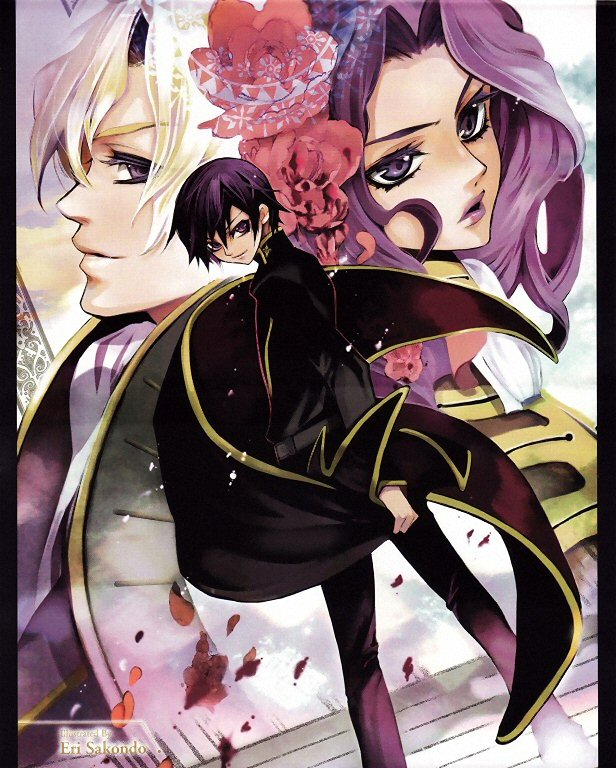 sakondo eri, cornelia li britannia, lelouch vi britannia, schneizel el britannia, code geass, 00s, 1girl, 2boys, black hair, blonde hair, cape, multiple boys, purple eyes, purple hair