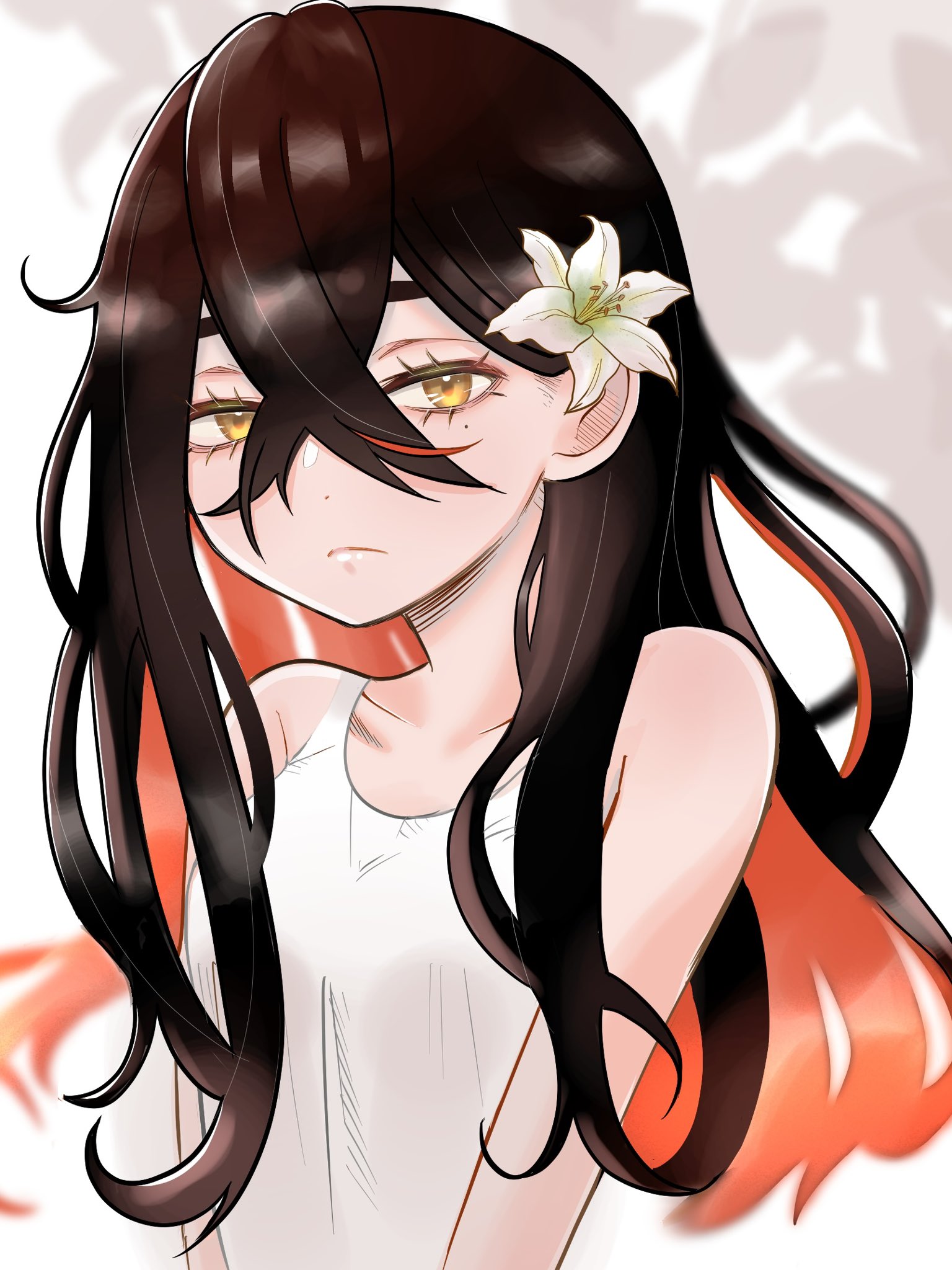 tantei cafe, carmine (pokemon), nintendo, pokemon, pokemon sv, highres, 1girl, alternate costume, bare shoulders, black hair, closed mouth, colored inner hair, crossed bangs, dress, eyelashes, flower, frown, hair between eyes, hair flower, hair ornament, long hair, looking at viewer, mole, mole under eye, multicolored hair, red hair, shirt, sleeveless, sleeveless shirt, solo, two-tone hair, upper body, white dress