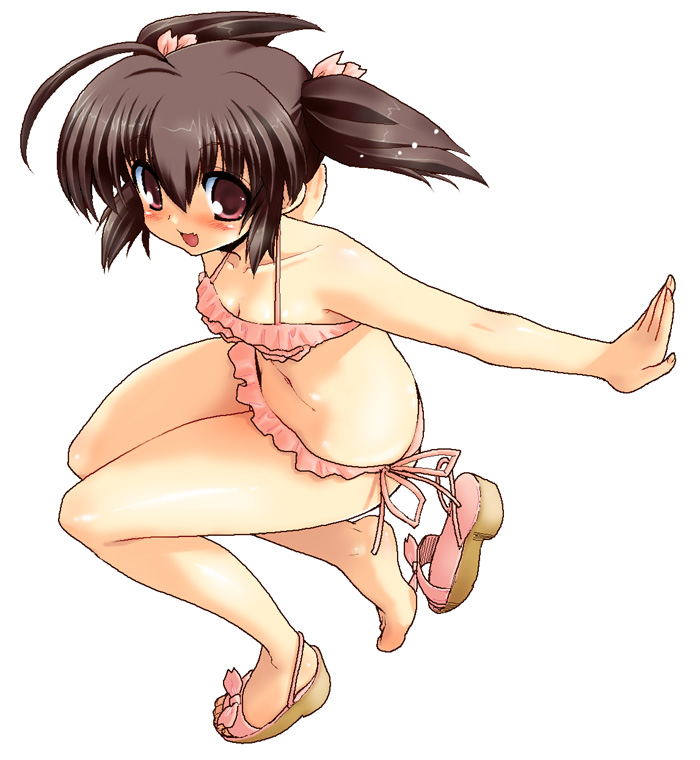 kazumi yoshiyuki, yuzuhara konomi, to heart (series), to heart 2, stance, 00s, 1girl, ahoge, barefoot, bikini, brown hair, female focus, frilled bikini, frills, red eyes, sandals, shoes, short hair, side-tie bikini bottom, single shoe, solo, swimsuit, twintails