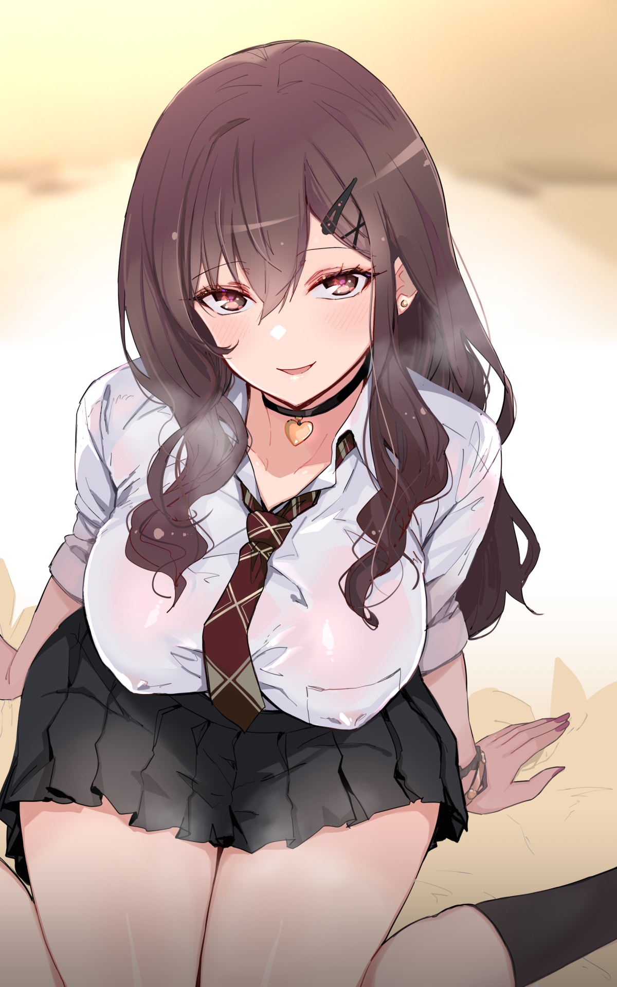 nukisabi, original, 1girl, bed, blush, breasts, brown eyes, brown hair, covered erect nipples, feet out of frame, gyaru, heart ornament, jewelry, kneeling, large breasts, long hair, necklace, necktie, open mouth, school uniform, skirt, smile