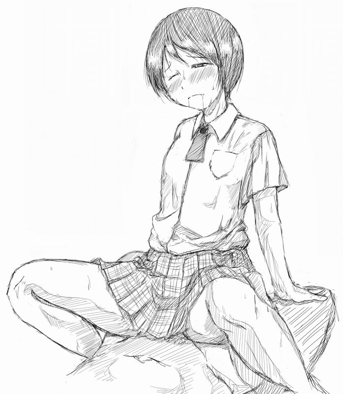 jun (666), hiwatari, shimau, yotsubato!, bad id, bad pixiv id, 1boy, 1girl, blush, breasts, clothed sex, drooling, girl on top, greyscale, hetero, monochrome, one eye closed, plaid clothes, plaid skirt, saliva, school uniform, serafuku, sex, short hair, simple background, sketch, skirt, small breasts, solo focus, spread legs, vaginal, white background, wince, wink