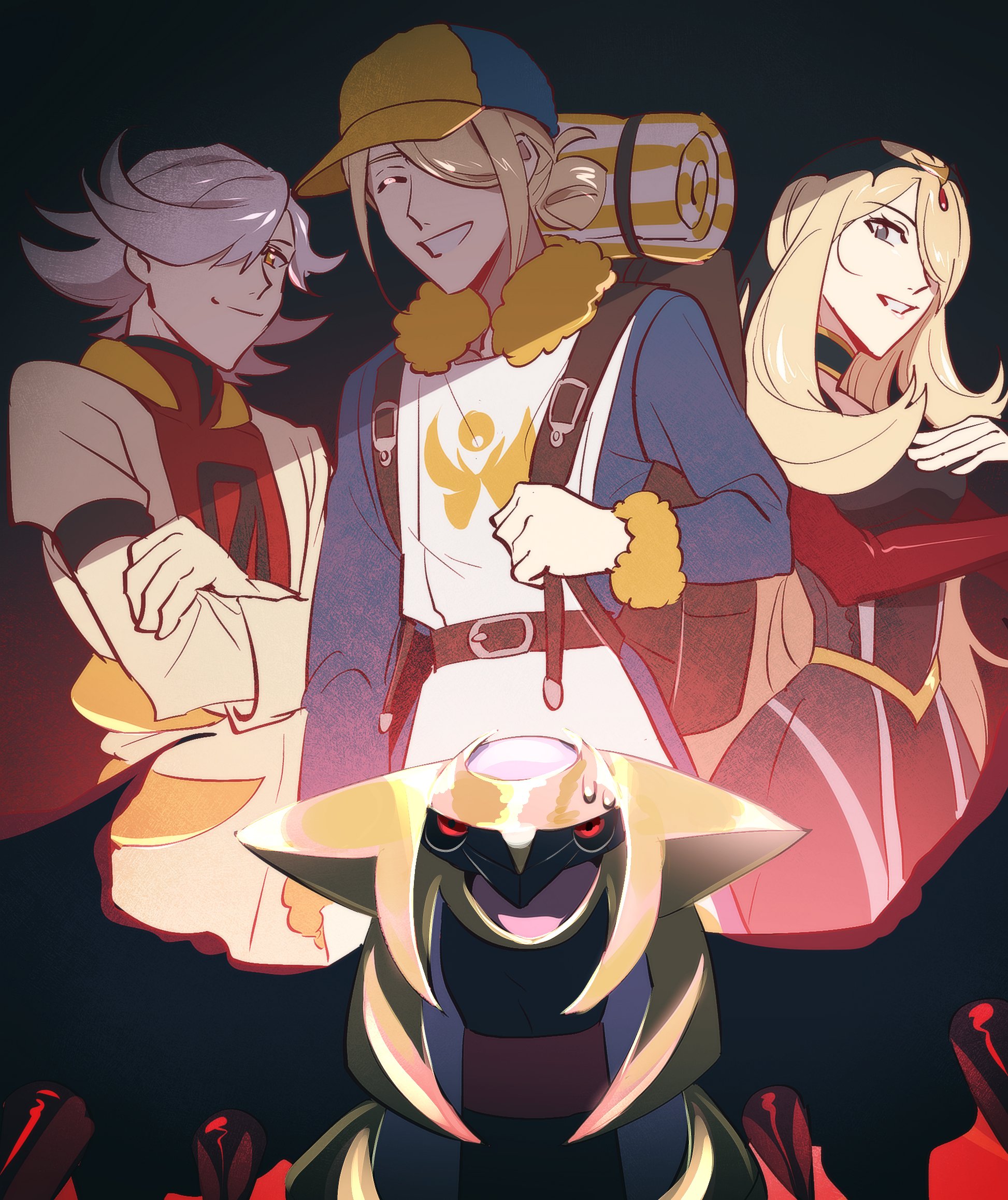 2b (ivy vs ), cynthia (pokemon), cynthia (sygna suit) (renegade) (pokemon), giratina, giratina (altered), volo (pokemon), zero (pokemon), nintendo, pokemon, pokemon: giratina and the sky warrior, pokemon (anime), pokemon dppt (anime), pokemon legends: arceus, pokemon masters ex, highres, 1girl, 2boys, backpack, bag, black dress, black sclera, blonde hair, colored sclera, crossed arms, dress, gen 4 pokemon, ginkgo guild uniform, grey hair, hair over one eye, legendary pokemon, multiple boys, official alternate costume, open mouth, pokemon (creature), red eyes, sweat, trait connection, wings
